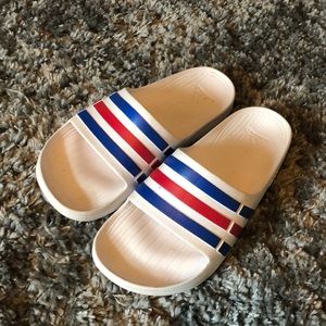 Red white and blue adidas slide on Sandals